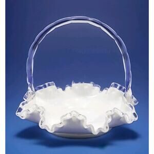 Vintage Fenton Crystal Crest White Milk Glass 7.5" Basket Ruffled Clear Handle